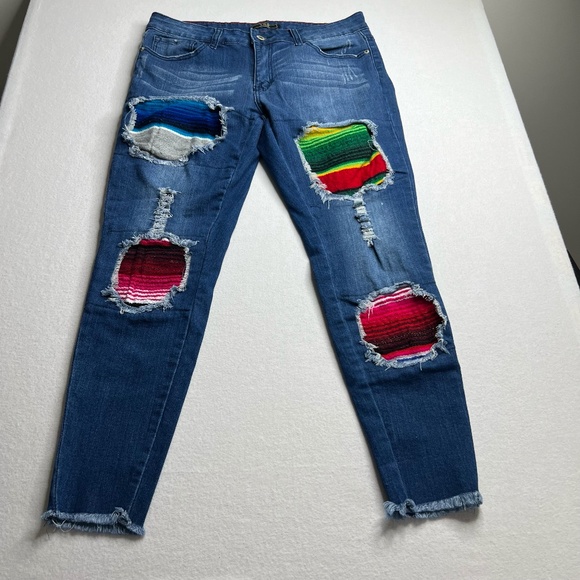 Lucky & Blessed Denim - Lucky + Blessed Western Sarape Print Raw Hem Patched Jeans Size 14